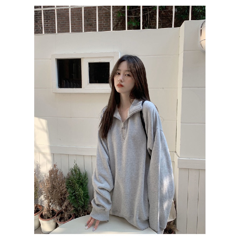 Áo Sweater Cổ Polo Dáng Rộng Dài Trung Bình Thời Trang Hàn Quốc Hàng Mới Màu Xám 2023 Dành Cho Nữ