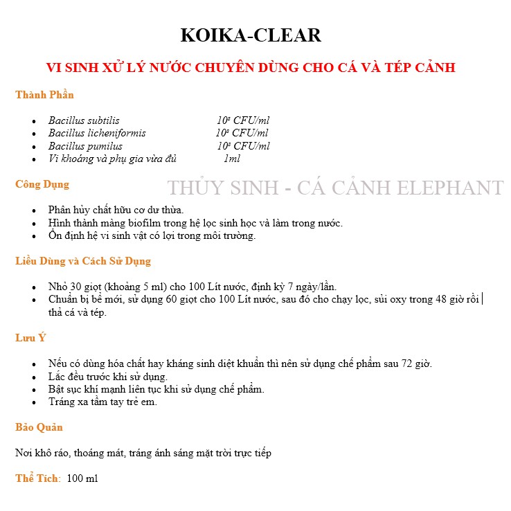 KOIKA-CLEAR VI SINH XỬ LÝ NƯỚC CHUYÊN DÙNG CHO CÁ VÀ TÉP CẢNH, CHAI 100ML