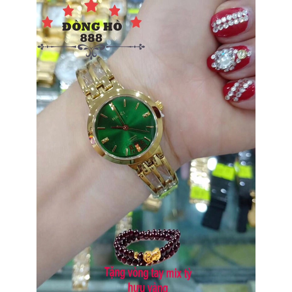 Đồng hồ Nữ Halei máy Nhật chính hãng mặt saphia tròn 25mm dáng lắc dây thép vàng mặt xanh lá chống gỉ chống nước | BigBuy360 - bigbuy360.vn