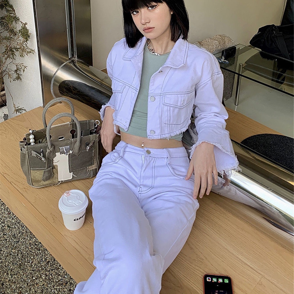 Bộ Áo Khoác Tay Dài + Quần Jean Trắng Lưng Cao Ống Rộng Phong Cách Hàn Quốc Thời Trang Mùa Hè Mới Cho Nữ 2021 | BigBuy360 - bigbuy360.vn