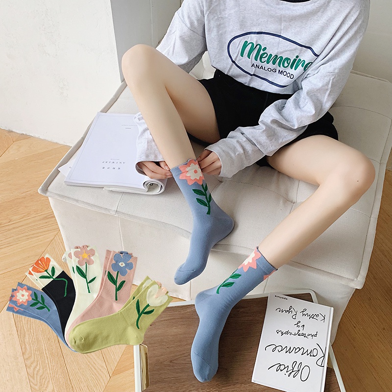 Vớ cotton cổ cao họa tiết bông hoa 3D phong cách lolita thời trang thanh lịch cho nữ