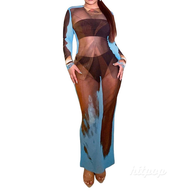 Hitpop-Women Summer Dress, Printed Long Sleeve Crew Neck Sheer Backless Long Dress, Ladies Tie-Up Perspective Party