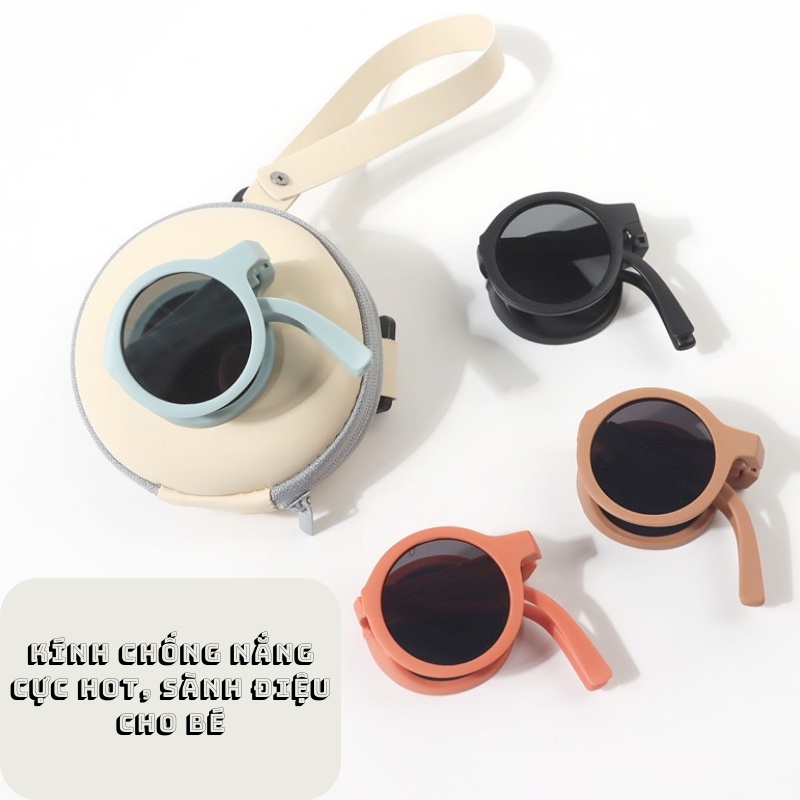 Kính mắt trẻ em tròn gấp gọn chống tia uv đa màu sắc kèm bao da tiện lợi + bao da nâu cho bé 3-6 tuổi JIMADO  P.274.NA
