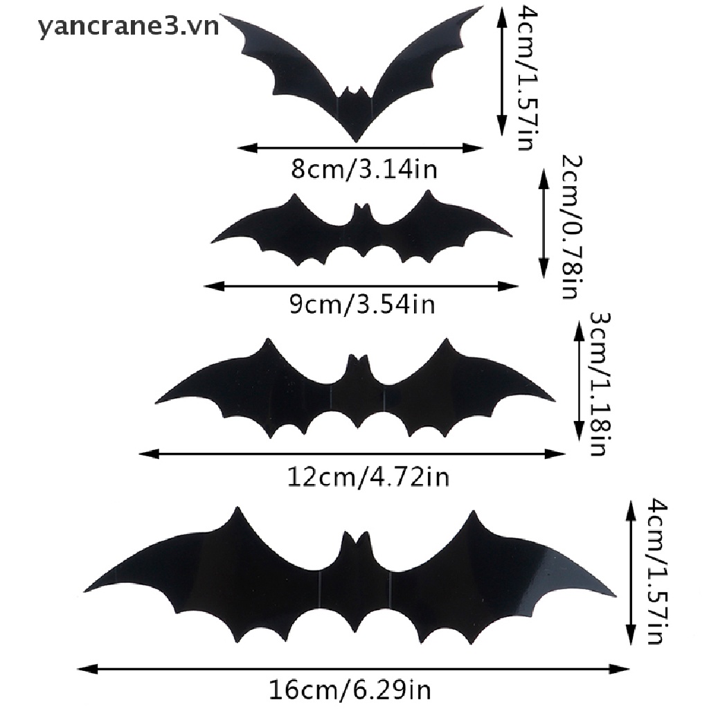 Bộ 12 Sticker Dán Tường Trang Trí Halloween Hình Dơi 3D Bằng PVC Màu Đen DIY