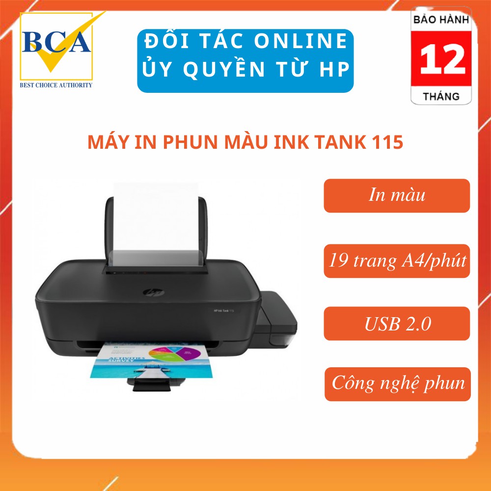 Máy In Phun Màu HP Ink Tank 115 All In One _2LB19A khổ A4,chi  phí bản in cực rẻ với hệ thống mực liên tục chính hãng