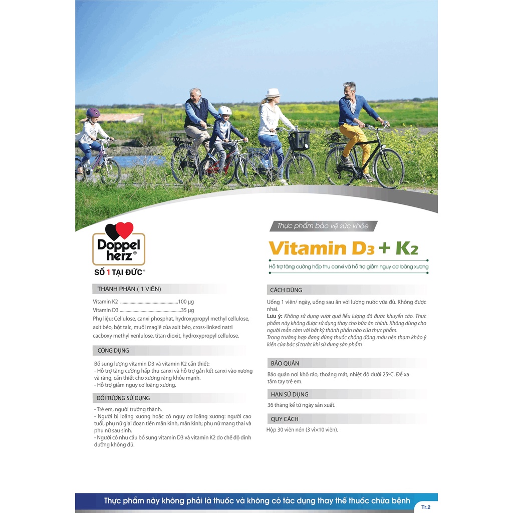 [TPCN Nhập Khẩu] Viên uống tăng cường hấp thu Canxi, giảm nguy cơ loãng xương Doppelherz Vitamin D3 + K2 (Hộp 30 viên)