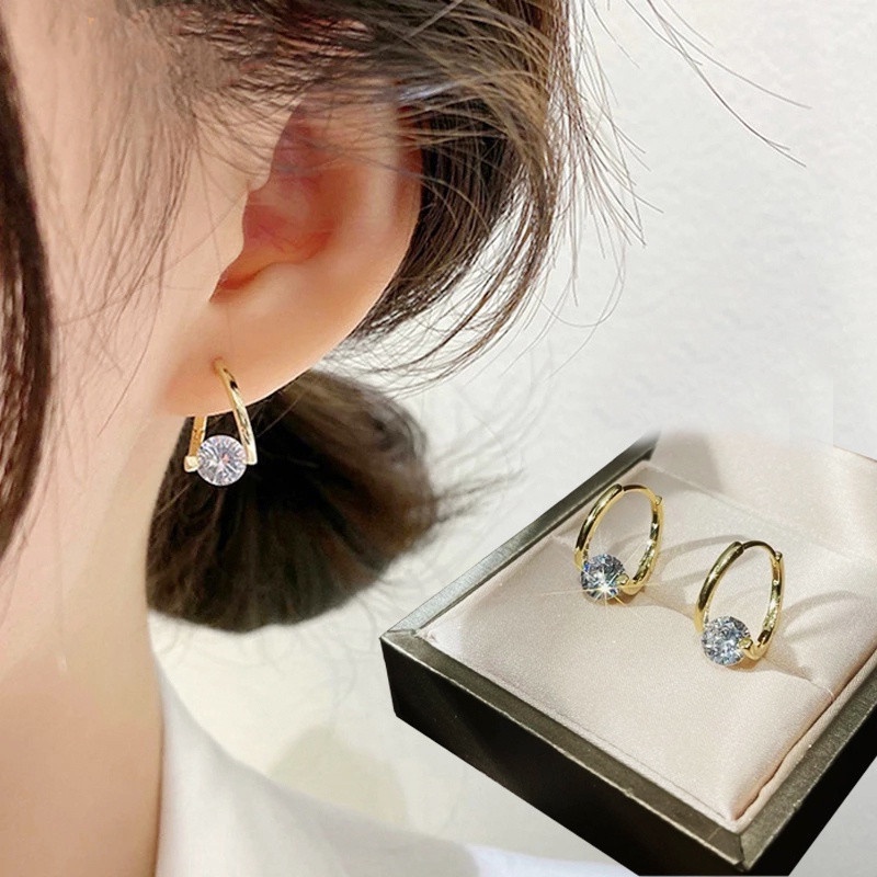 1 Đôi Bông Tai Đính Đá Zircon Có Khóa Cài Cao Cấp Đơn Giản Dành Cho Nữ