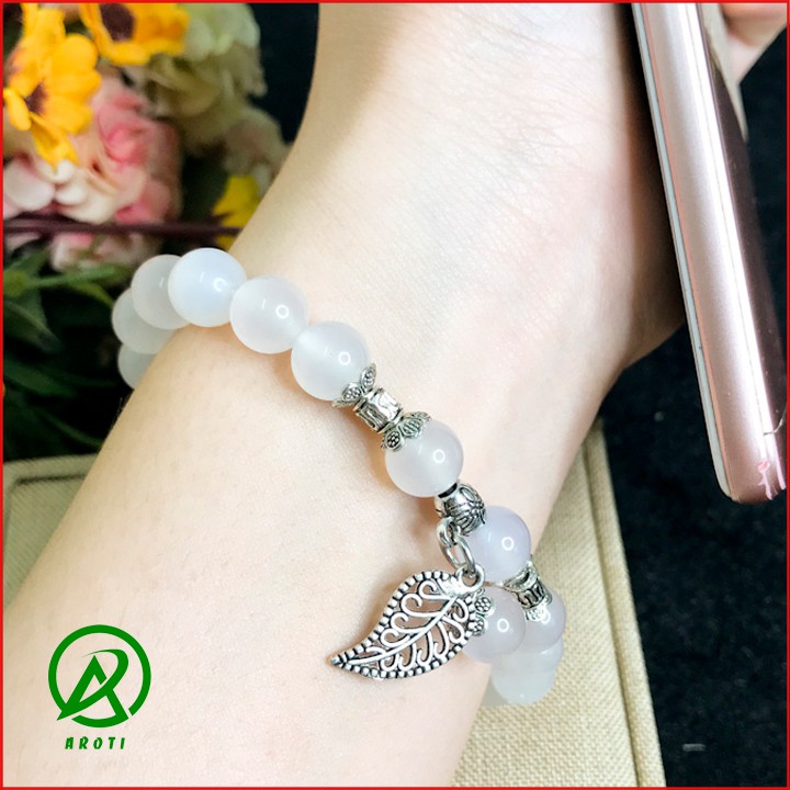 Vòng Tay Mệnh Thủy ( Kim ) - Vòng Tay Nữ Mã Não Trắng Mix Lá Xinh Xắn V382-8