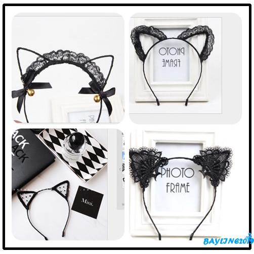 Cài Tóc Tai Mèo Vải Ren Màu Đen Thời Trang Cho Phụ Nữ