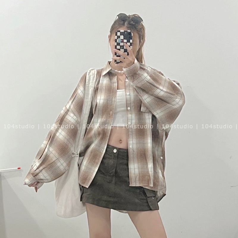 Áo sơ mi kẻ form rộng tay đèn lồng