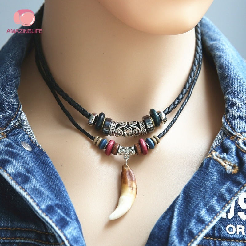 Vòng cổ Da PU Nhiều Lớp Mặt Răng Sói Phong Cách Bohemian Thời Trang