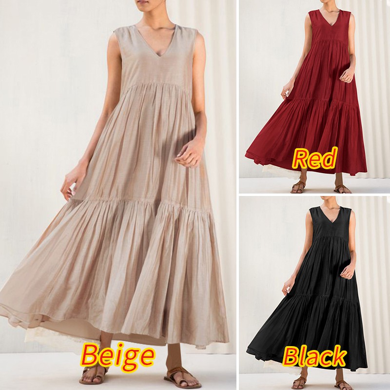ZANZEA Đầm dài không tay màu trơn phong cách retro cho nữ | BigBuy360 - bigbuy360.vn