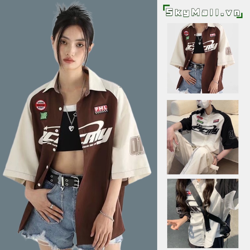Áo Sơ Mi Cổ Đứng Tay Lỡ Dáng Rộng In Chữ Nhiều Màu Phong Cách Hàn Quốc Thời Trang Cho Nam Và Nữ