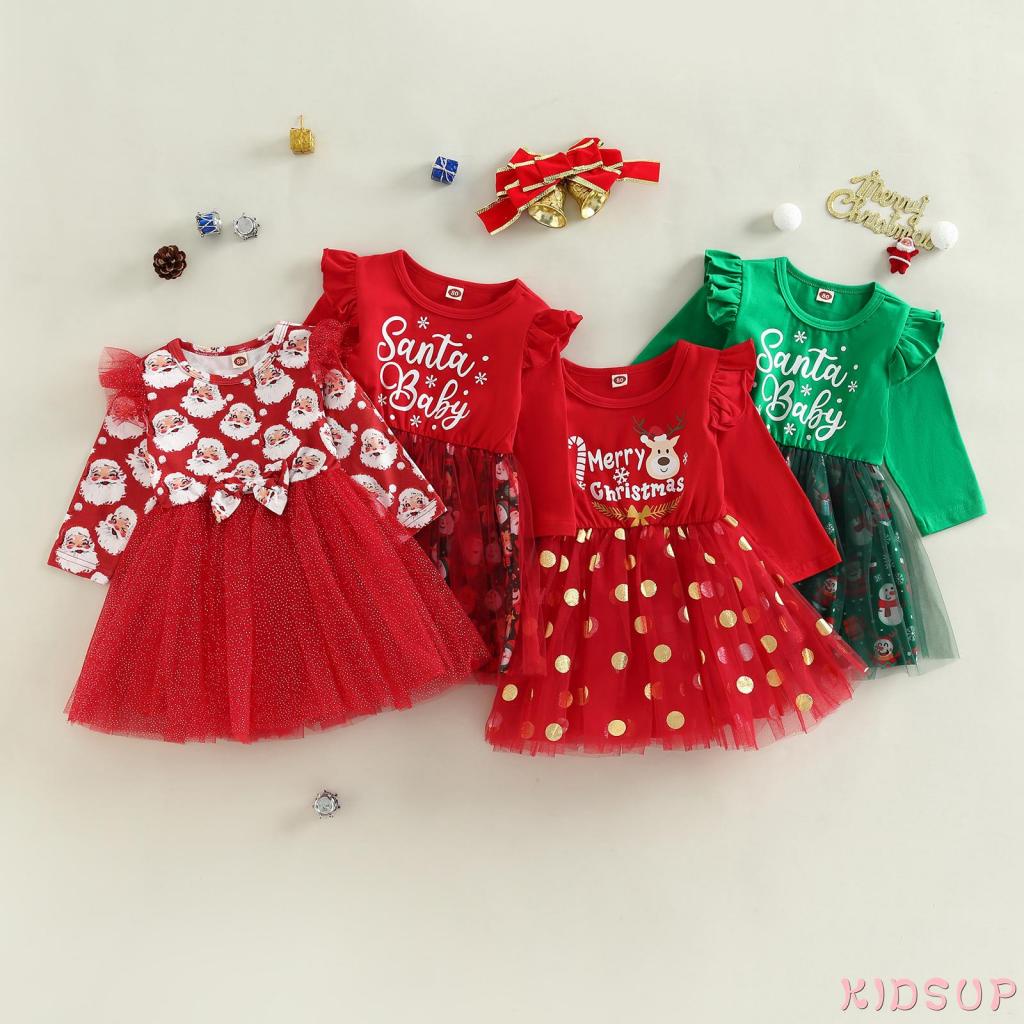 Kidsup1-kid Đầm Vải Tuyn Tay Dài Cổ Tròn Ghép Vải Tulle Hình Ông Già Noel / Chữ Hoạt Hình Cho Bé Gái