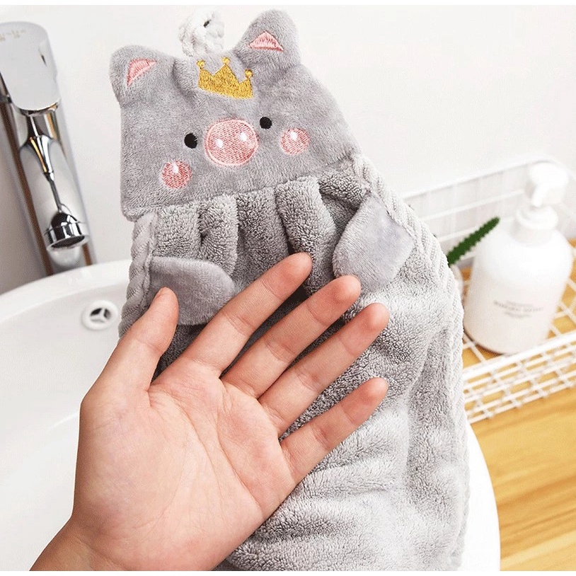Khăn lau tay treo tường bằng vải lông cừu san hô mềm thấm hút nhanh khô thêu hình chú heo hoạt hình sáng tạo