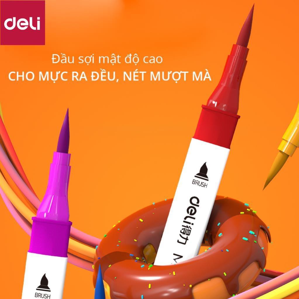 Bút màu marker 2 đầu túi vải Deli - mực có thể rửa được - có đầu brush và vát - 30 màu/40màu/60màu/80màu -70808 [Deli]