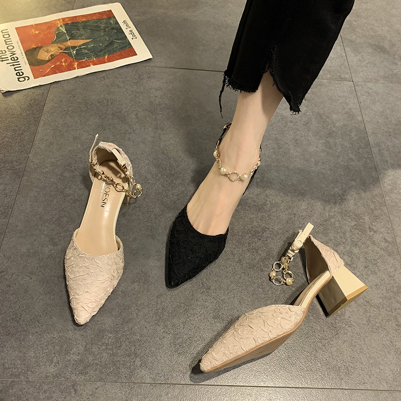 A Word Buckle With Women's Shoes 2021 New Summer Wild Korean Version Of The Pearl Pointed Shallow Mouth Temperament Blac