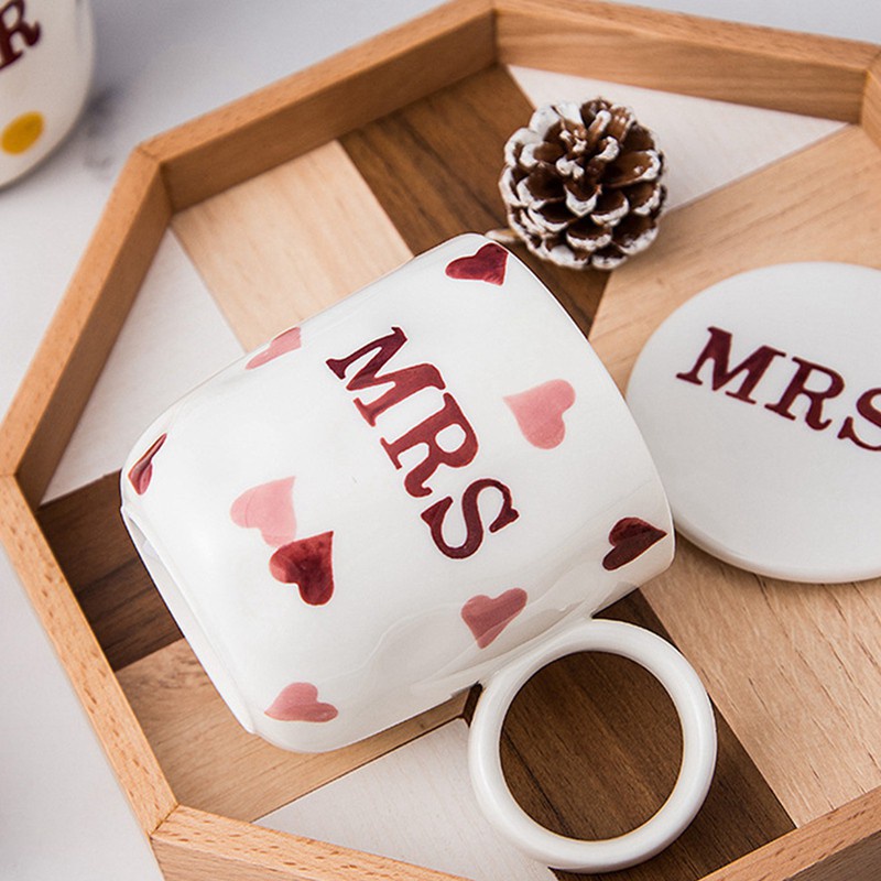 Simple Family Mugs Small Fresh with Spoons &Lids Mr and Mrs Mugs, Mrs