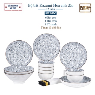 Bộ bát đĩa KAZUMI Hoa Anh Đào nhà Long Đỉnh, Bộ chén dĩa sứ ceramic cao cấp Long Đỉnh