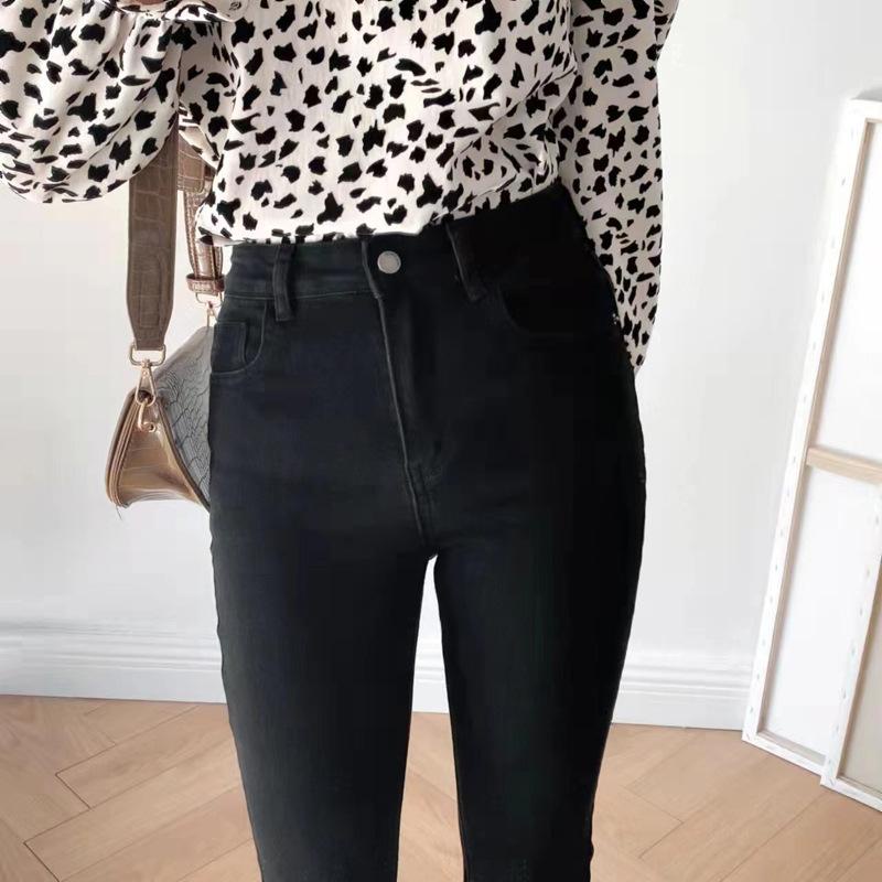 Quần jean nữ ống loe xẻ tà lưng cao DOLOXI đen trơn vải jean giấy co giãn Q57