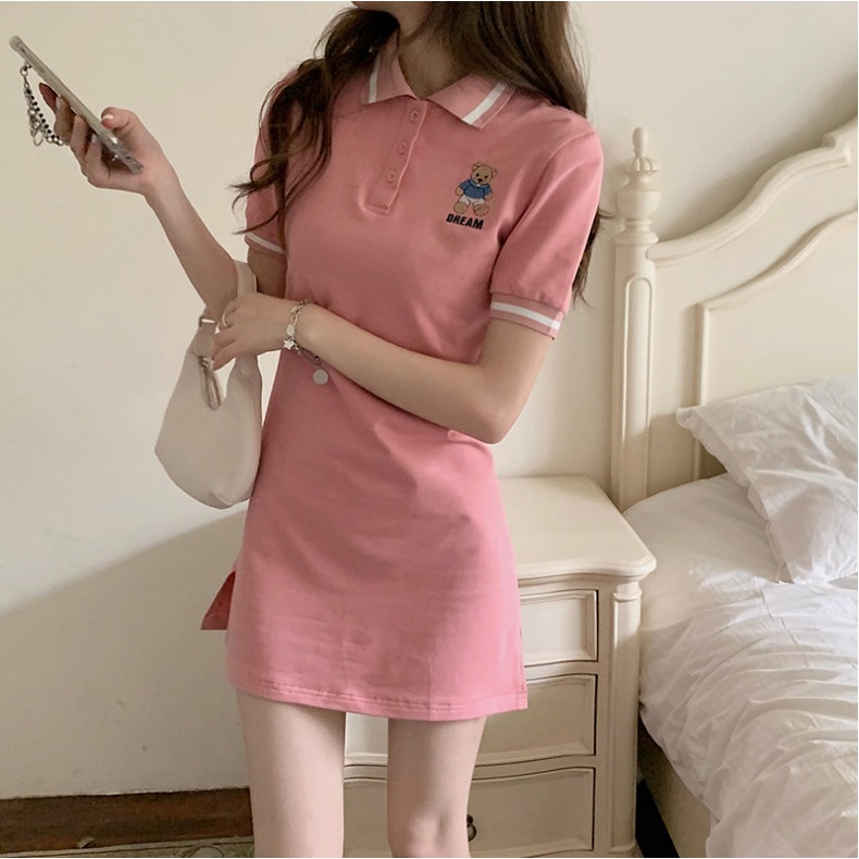Đầm Nữ Polo Họa Tiết Gấu Thêu Cá Tính 🦋 Váy Body Nữ Dáng Ngắn Cộc Tay 3 Màu 🦋