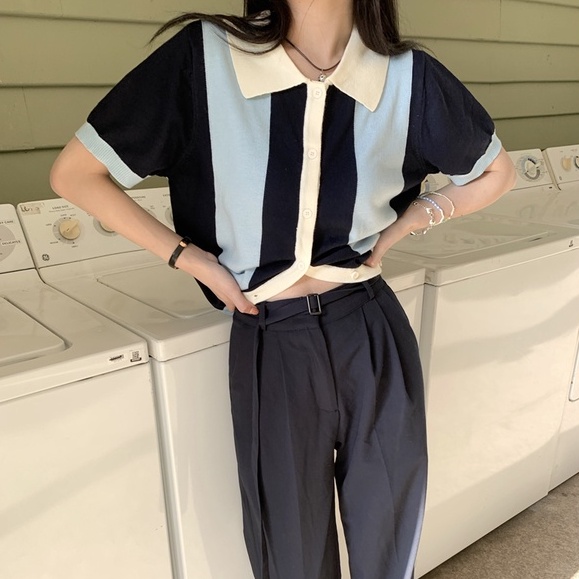 Áo Thun Dệt Kim Cổ polo Tay Ngắn Màu Sắc Tương Phản Phong Cách Retro 49648