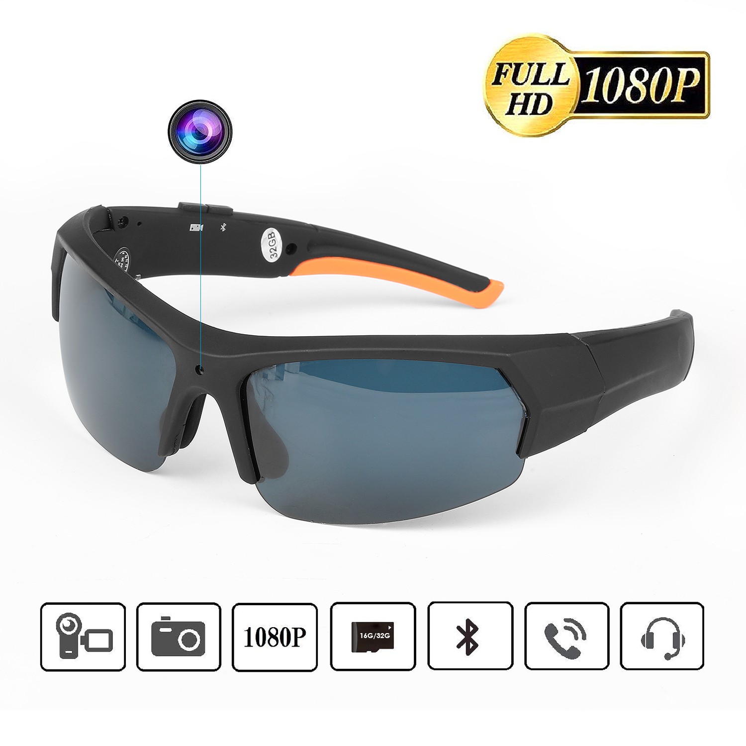 Multifunctional Sunglasses Camera with Bluetooth Headset HD 1080P Camcorder Built-in 16G/32G Memory Waterproof Outdoors