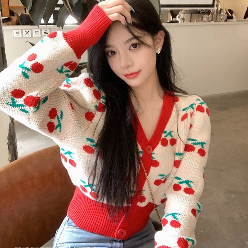 Áo len cherry cổ chữ V mẫu mới hàng xịn đẹp 2 màu