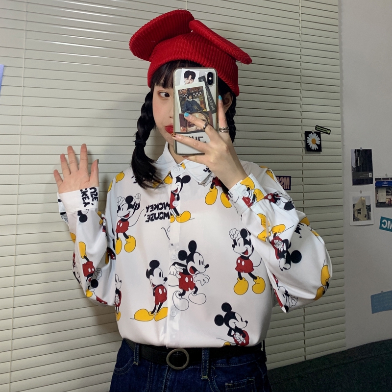 SUXI Áo Sơ Mi Tay Dài Dáng Rộng Hoạ Tiết Hoạt Hình Cho Nữ