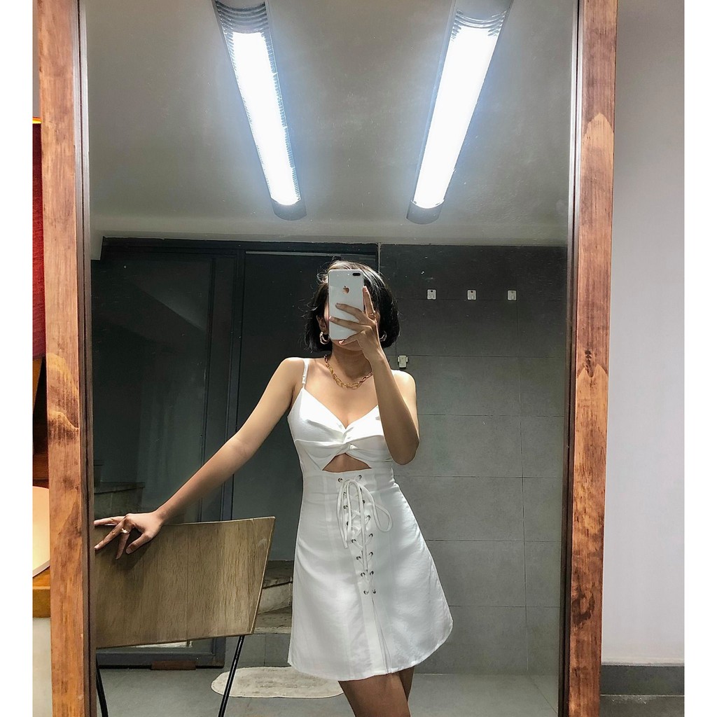 ELE Studios-Đầm thiết kế cao cấp 2 dây ngắn trắng dáng chữ A đi tiệc, đi chơi Aplomb Dress cá tính sexy ELE