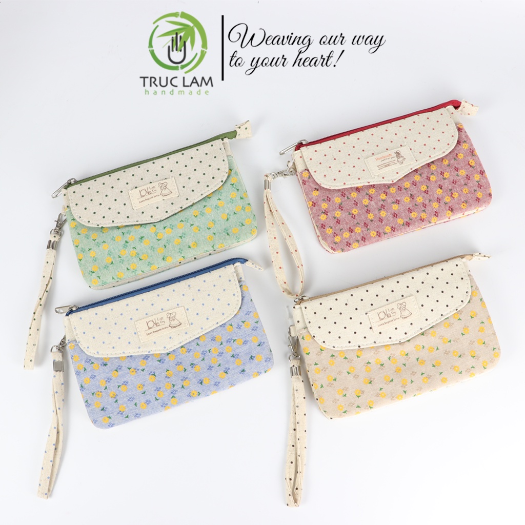 Ví Cầm Tay Nữ Vải Cotton Hình Phong Thư Họa Tiết Hoa Vintage - Trúc Lâm Handmade