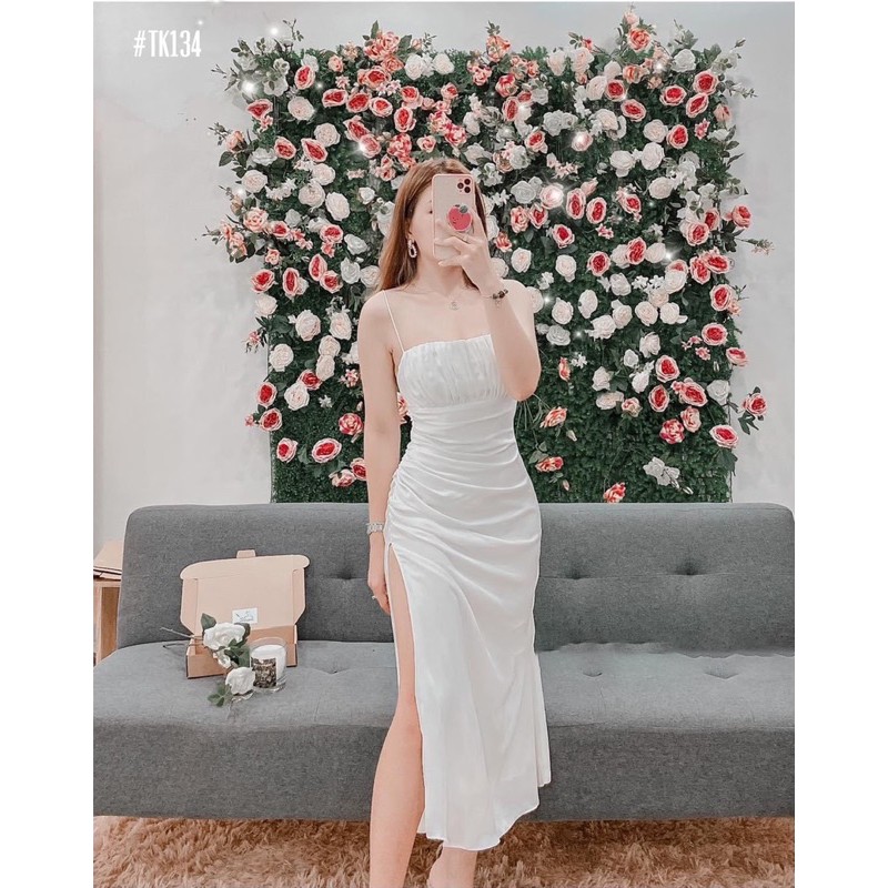Đầm 2 dây phi nhíu ngực xẻ đùi 3 màu