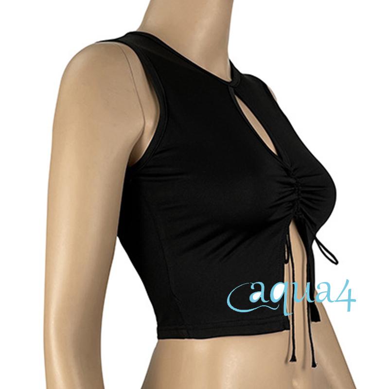 Áo croptop không tay màu trơn phối dây rút thời trang mùa hè cho nữ màu đen