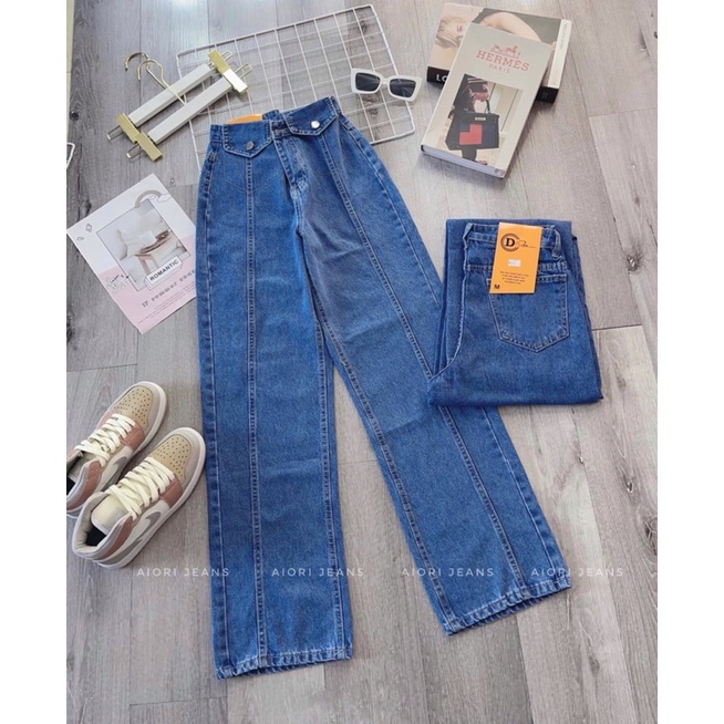 Quần Jeans Nữ Aiori Quần Bò Nữ Aiori Ống Rộng Cạp Cao Nắp Túi Kiểu Bò Suông Phong Cách Thời Trang Hàn Quốc_3412