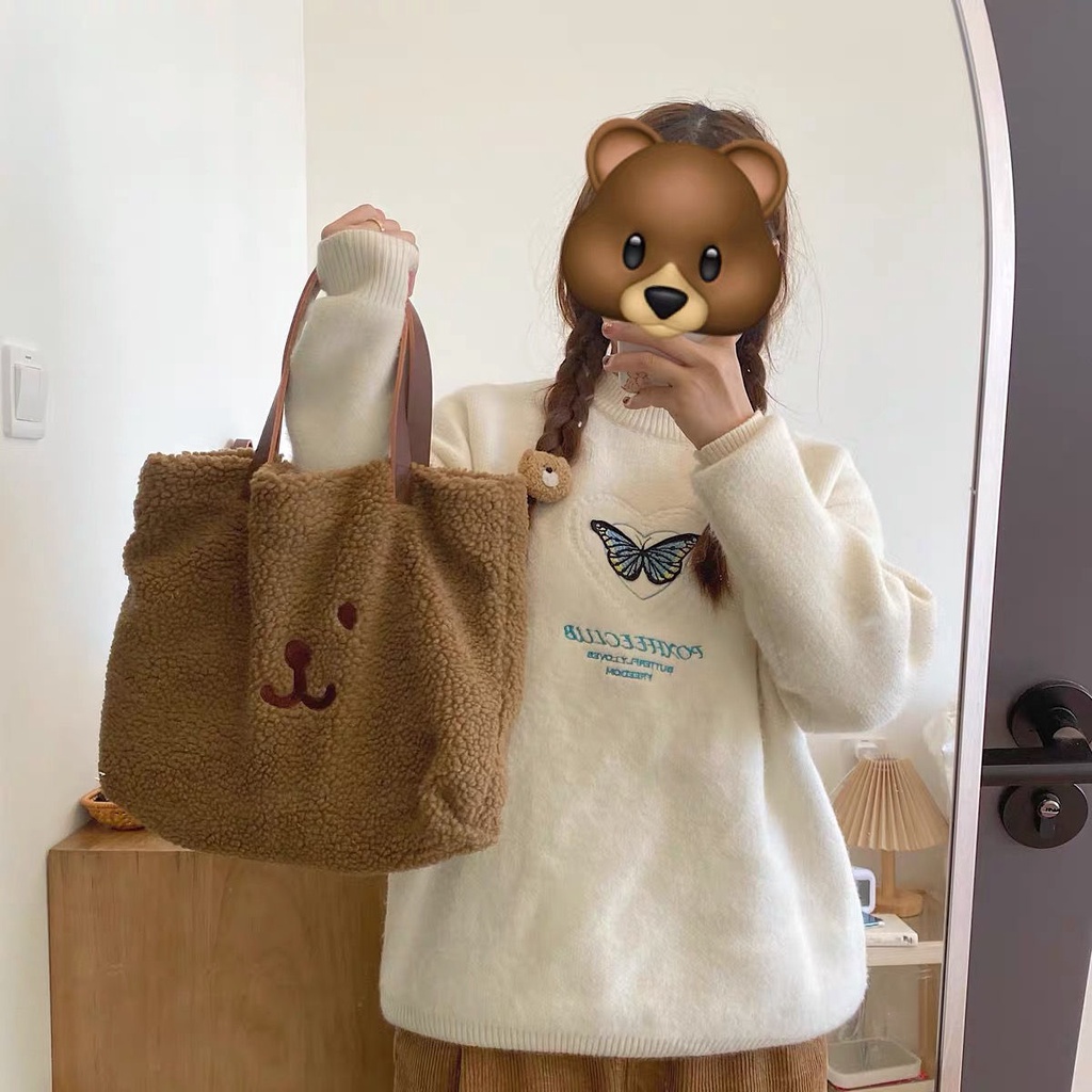 Túi xách cỡ lớn thêu hình gấu dễ thương cho nữ