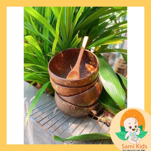 Bát gáo dừa kèm muỗng ăn granola, cháo, cơm, canh, chén thìa đựng đồ ăn dặm SAMI KIDS