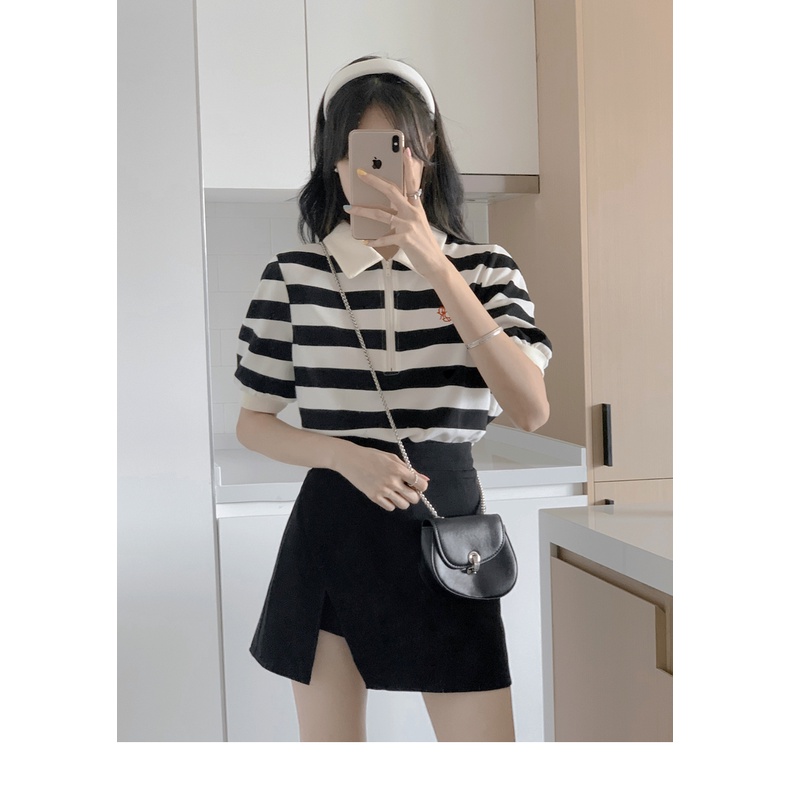 Áo polo Ngắn Tay Dáng Rộng Họa Tiết Kẻ Sọc Trắng Đen Phong Cách Retro Mỹ Hàng Mới Dành Cho Bạn Nữ