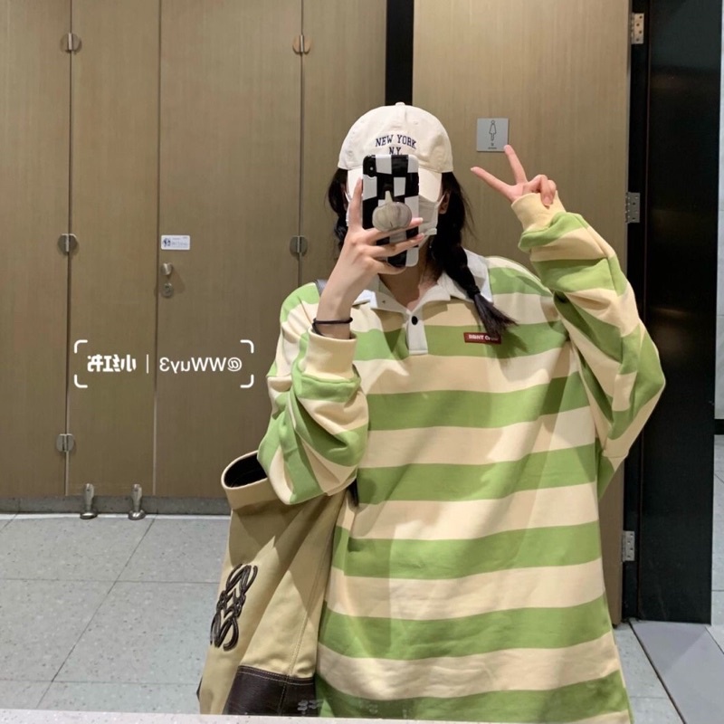 Áo Sweater Kẻ Sọc Form Rộng Cổ Polo Phong Cách Hàn Quốc S-2XL