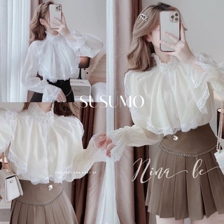 Áo sơ mi cổ trụ ren tay bồng 2 màu vải voan hàng thiết kế - SUSUMO