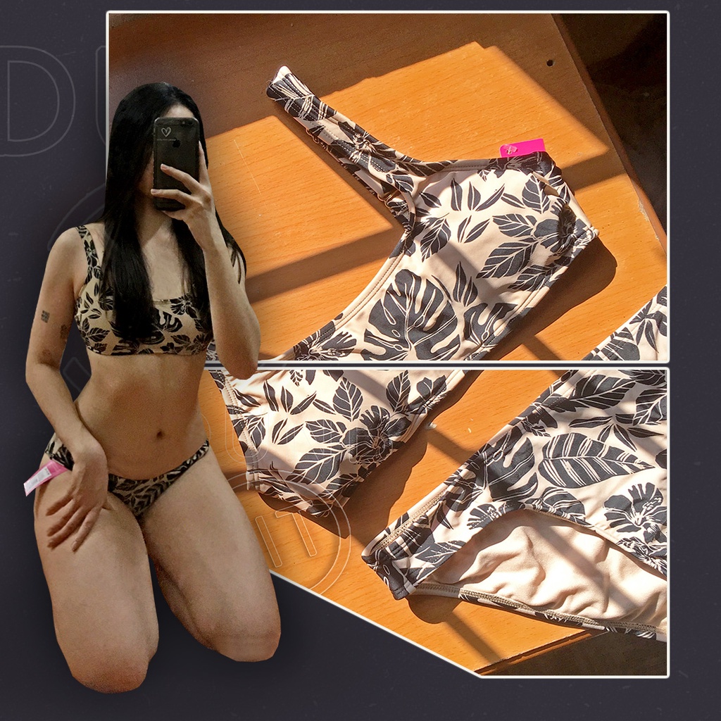 Bikini Đồ Bơi Đi Biển 2 Mảnh hở lưng cài khóa sát nách cổ vuông chữ U nâu nhạt Họa Tiết Lá Cọ sexy Quyến rũ