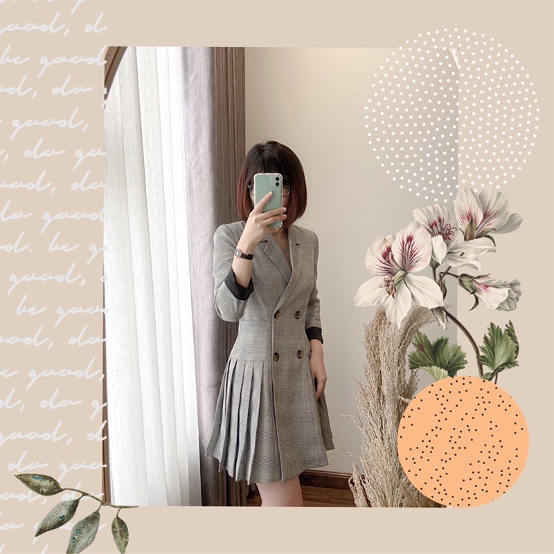Váy vest caro thời trang nữ xếp ly, liền thân, dáng dài
