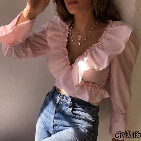 Áo kiểu nữ cổ chữ V tay loe dài xinh xắn