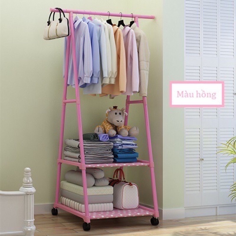 Kệ treo quần áo chữ A 3 tầng 2 ngăn khung kim loại có bánh xe tiết kiệm diện tích phù hợp mọi không gian