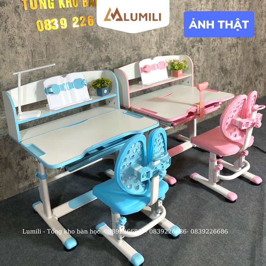 bàn học có giá sách cho bé Lumili M9 chống gù chống cận,kèm kệ sách,nâng hạ độ cao bằng tay quay,chỉnh nghiêng mặt bàn
