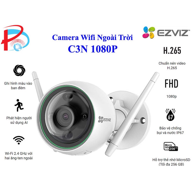 Camera Wifi Ngoài Trời EZVIZ C3N 1080P Có Màu Ban Đêm - Tích Mic Thu Âm - Hàng Chính hãng