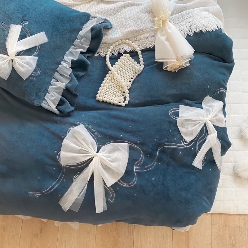 TRỌN BỘ CHĂN GA GỐI NỈ NHUNG ĐÍNH NƠ ĐIỆU ĐÀ CAO CẤP