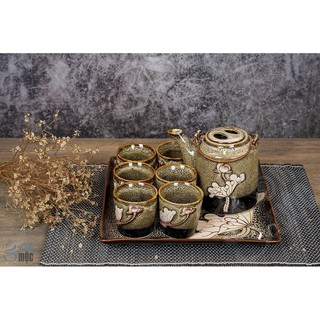 Bộ ấm chén Bát Tràng men hỏa biến gấm sen trắng