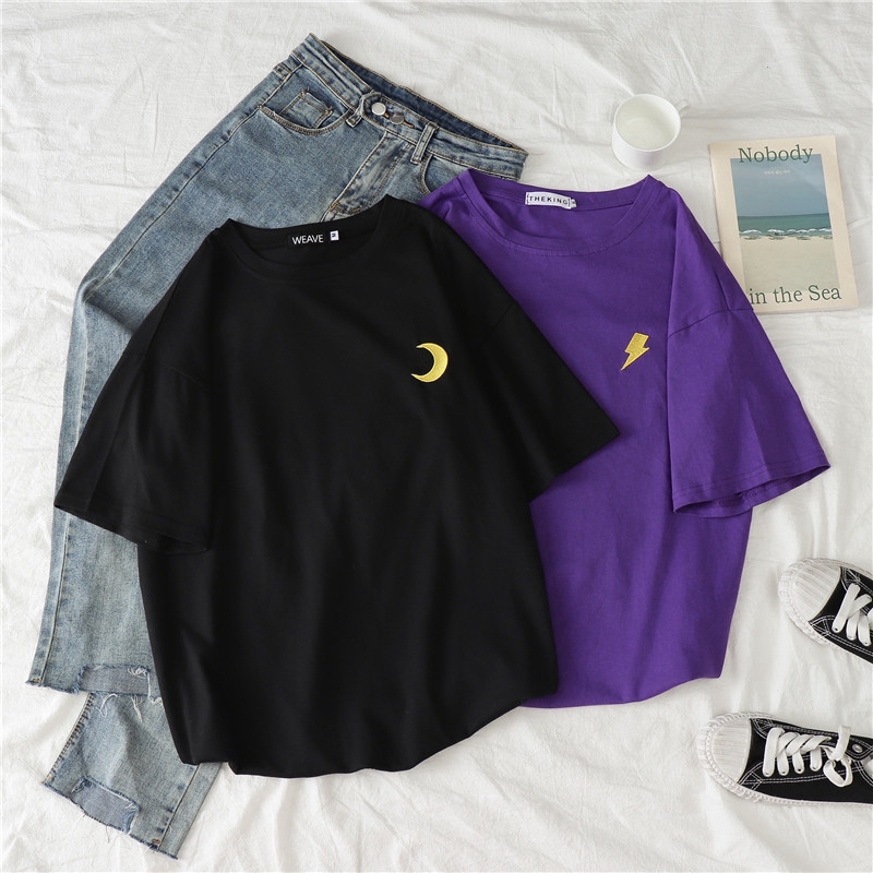 Áo thun SUXI tay ngắn cổ tròn hoạ tiết thêu thiết kế đơn giản hợp thời trang