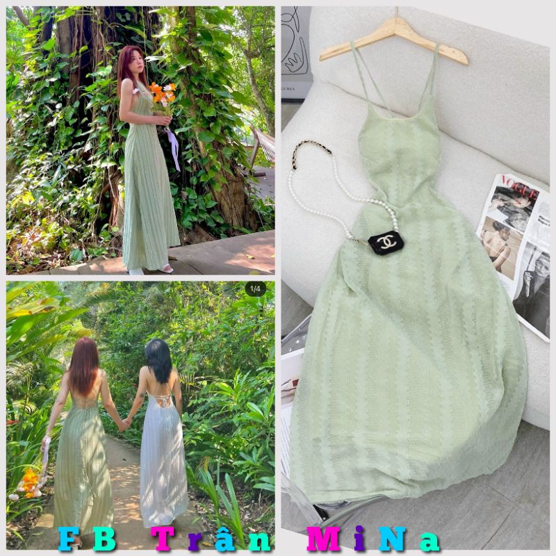 ĐẦM MIDI XANH CỔ YẾM HỞ LƯNG