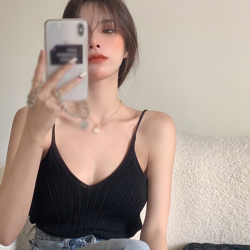 Áo Tank Top Dệt Kim Cổ Chữ V Màu Sắc Đơn Giản Phong Cách Hàn Quốc Cho Nữ | BigBuy360 - bigbuy360.vn